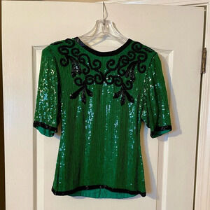 Vintage Justine Todd 100% Silk Green Beaded Sequin Top Size XS Petite Party Fest